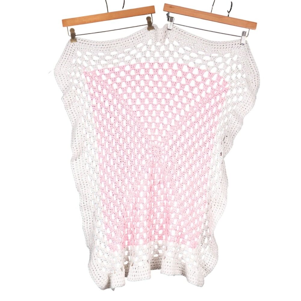 Handmade Crochet Baby Blanket Pink White Soft Open Knit Nursery Decor